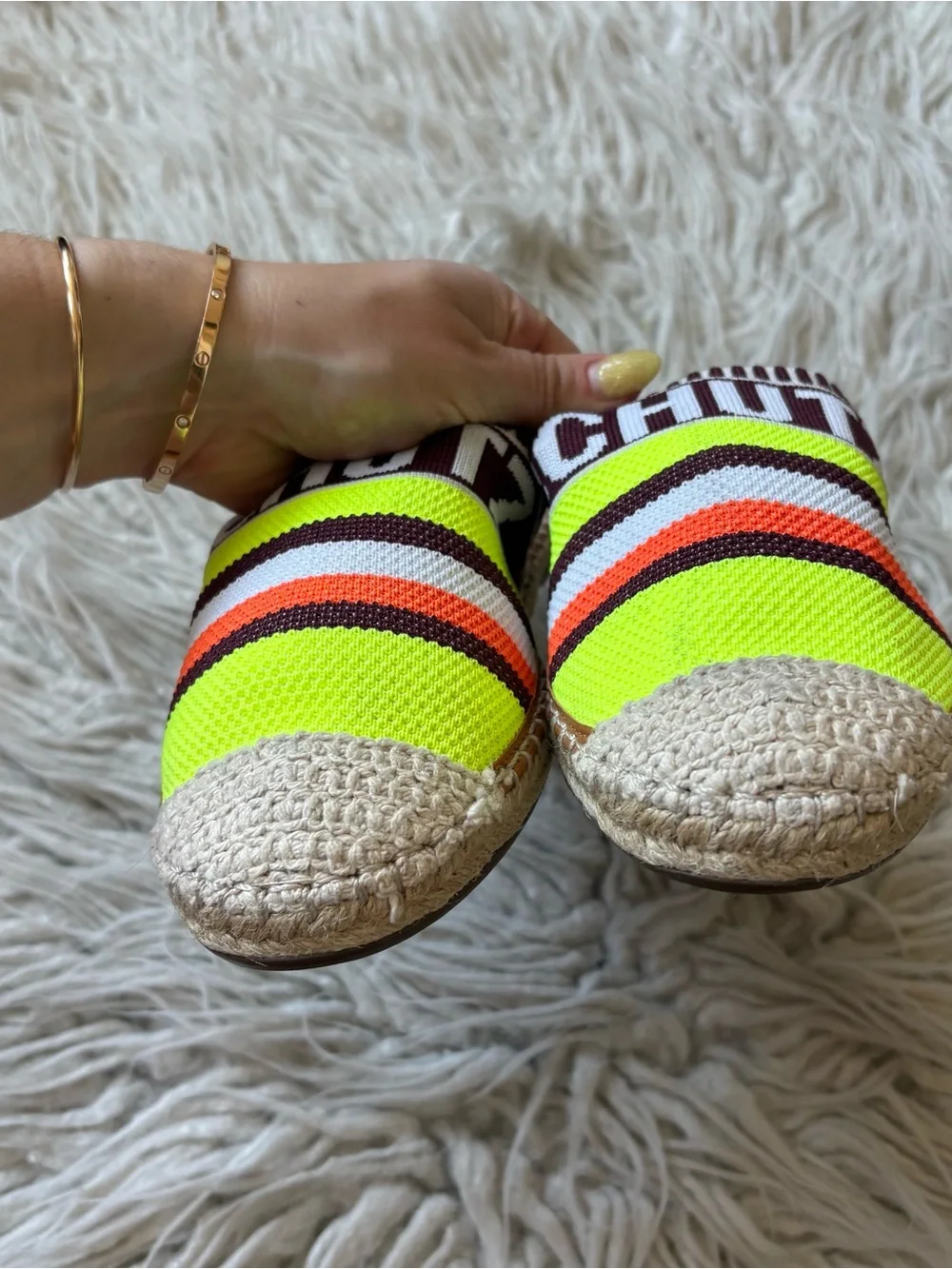 Schutz Logo Knit Multicolor Striped Flat Side Espadrille Sandals Size 38